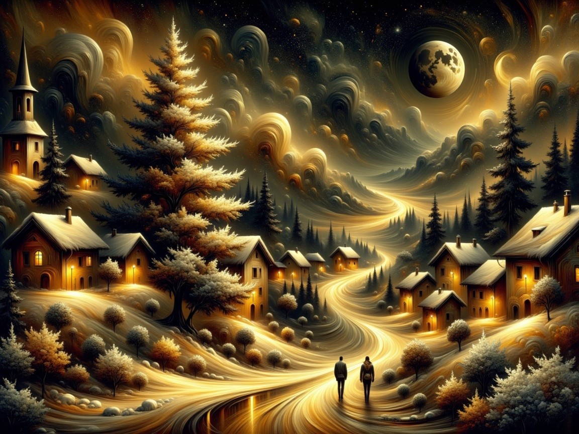 Digital Painting of a Magical Winter Village at Night