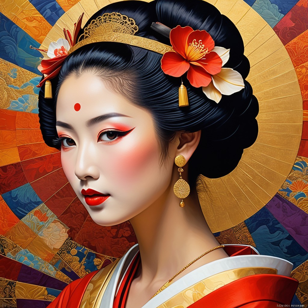 Traditional Japanese Woman in Vibrant Kimono and Makeup