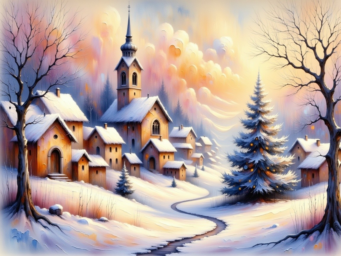 Winter Village Scene with Snow and Dawn Colors