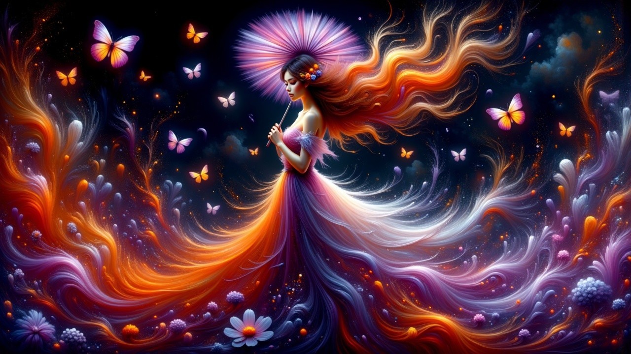 Mystical figure in gown with cosmic backdrop and butterflies