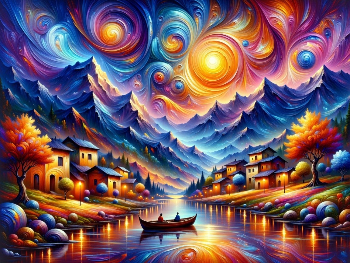 Vivid Mountain Landscape with Colorful Skies and River