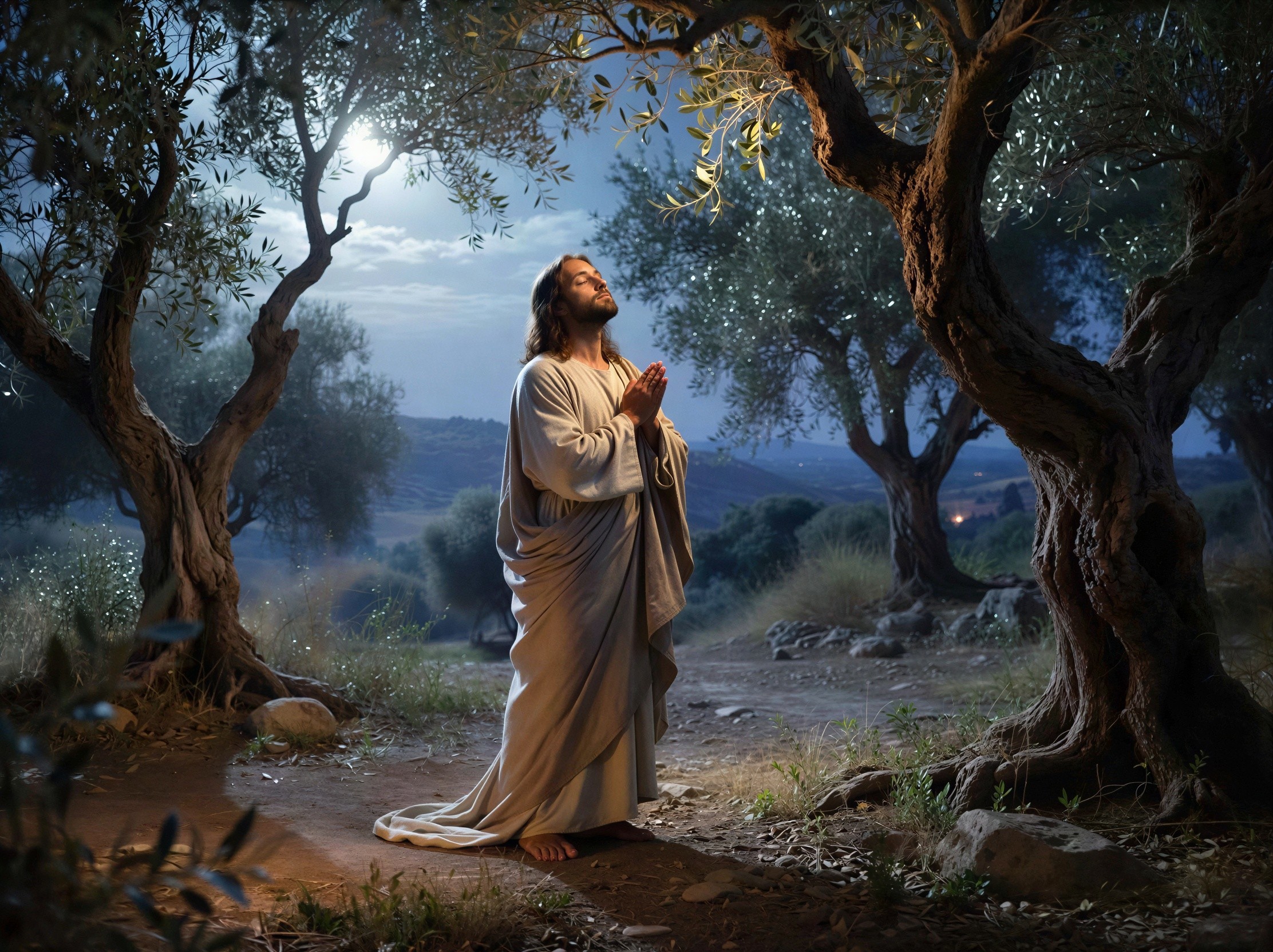 Barefoot figure in white robe among olive trees at night