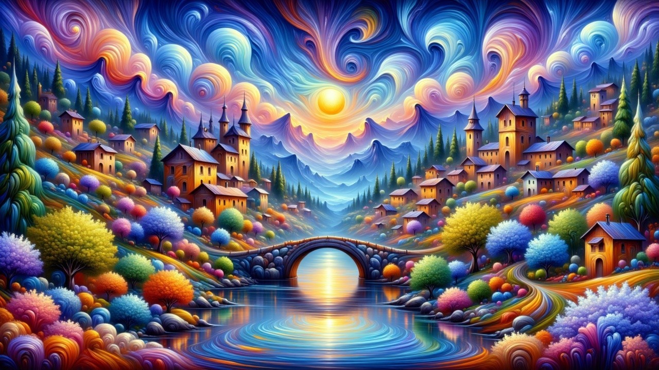 Vibrant Whimsical Landscape with Colorful Skies