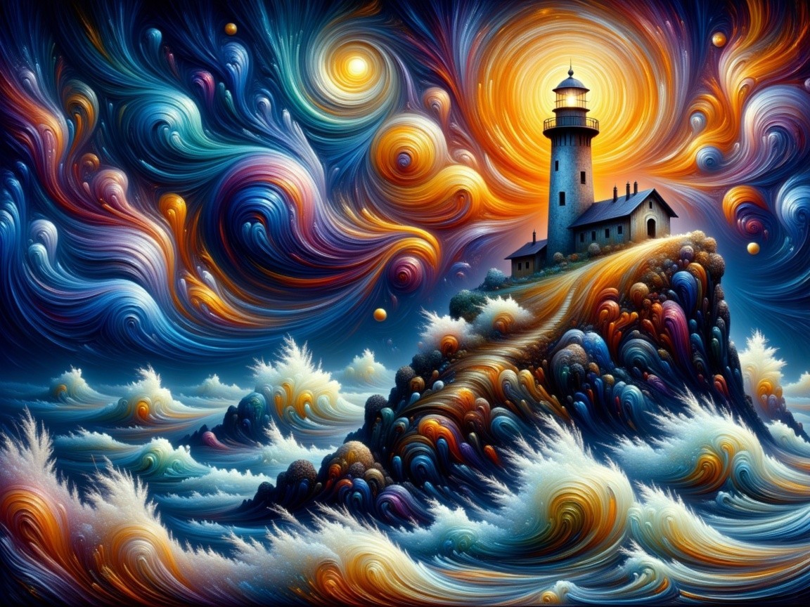 Surreal Digital Painting of Lighthouse and Vibrant Landscape
