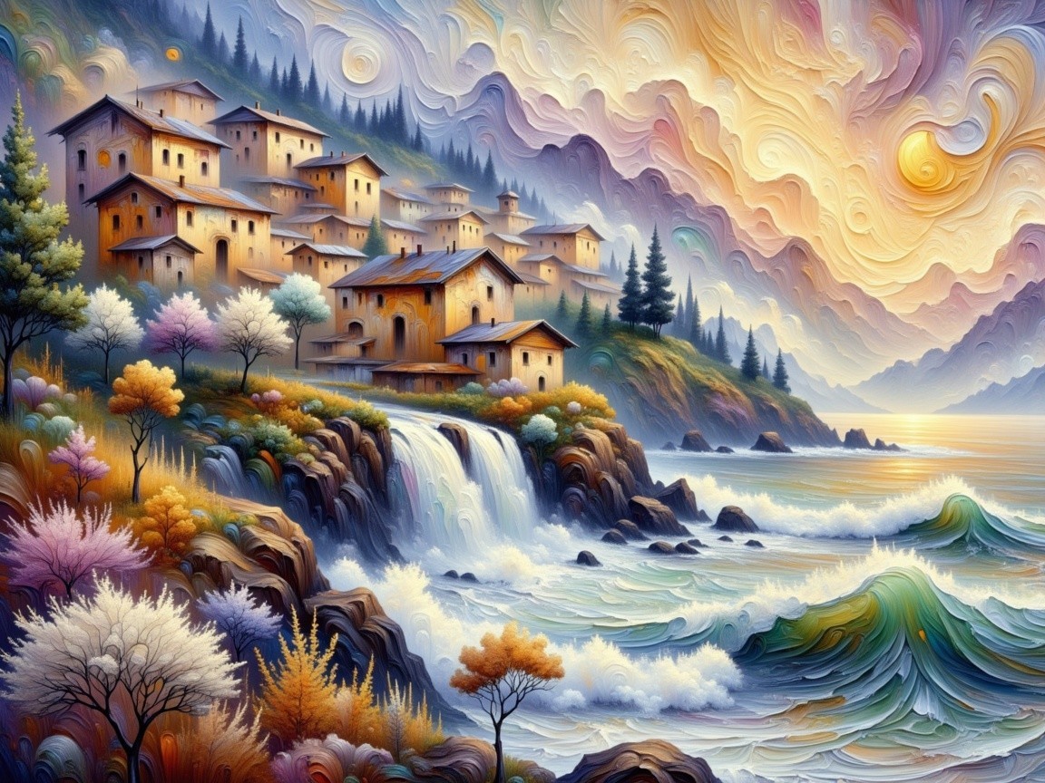 Vibrant Village Landscape with Cliffs and Waterfalls
