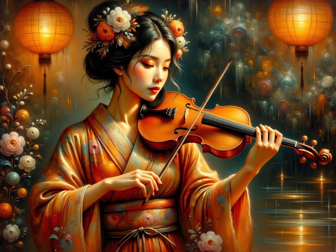Young Woman in Kimono Playing Violin with Lanterns