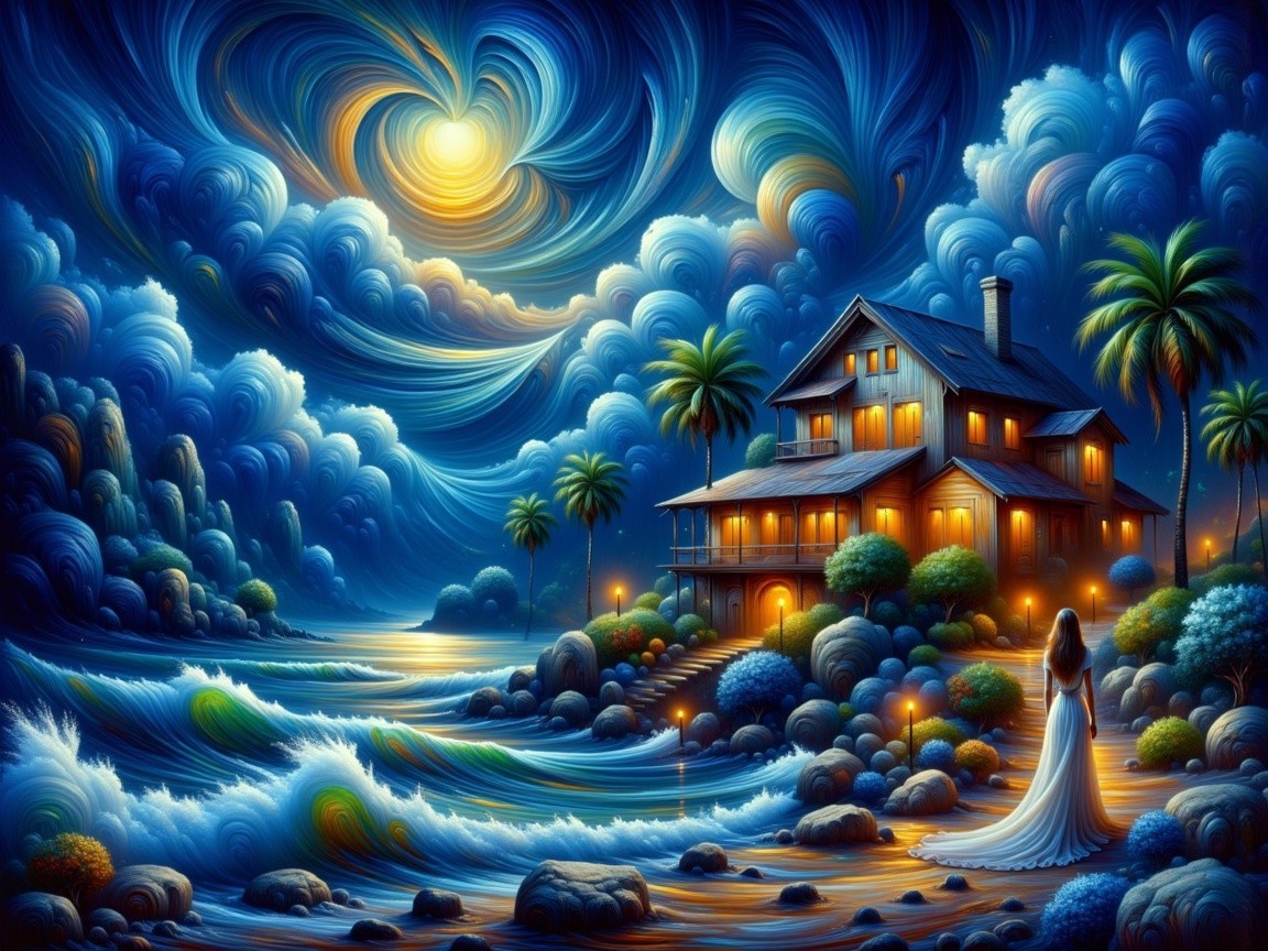 Cozy seaside house under vibrant night sky landscape