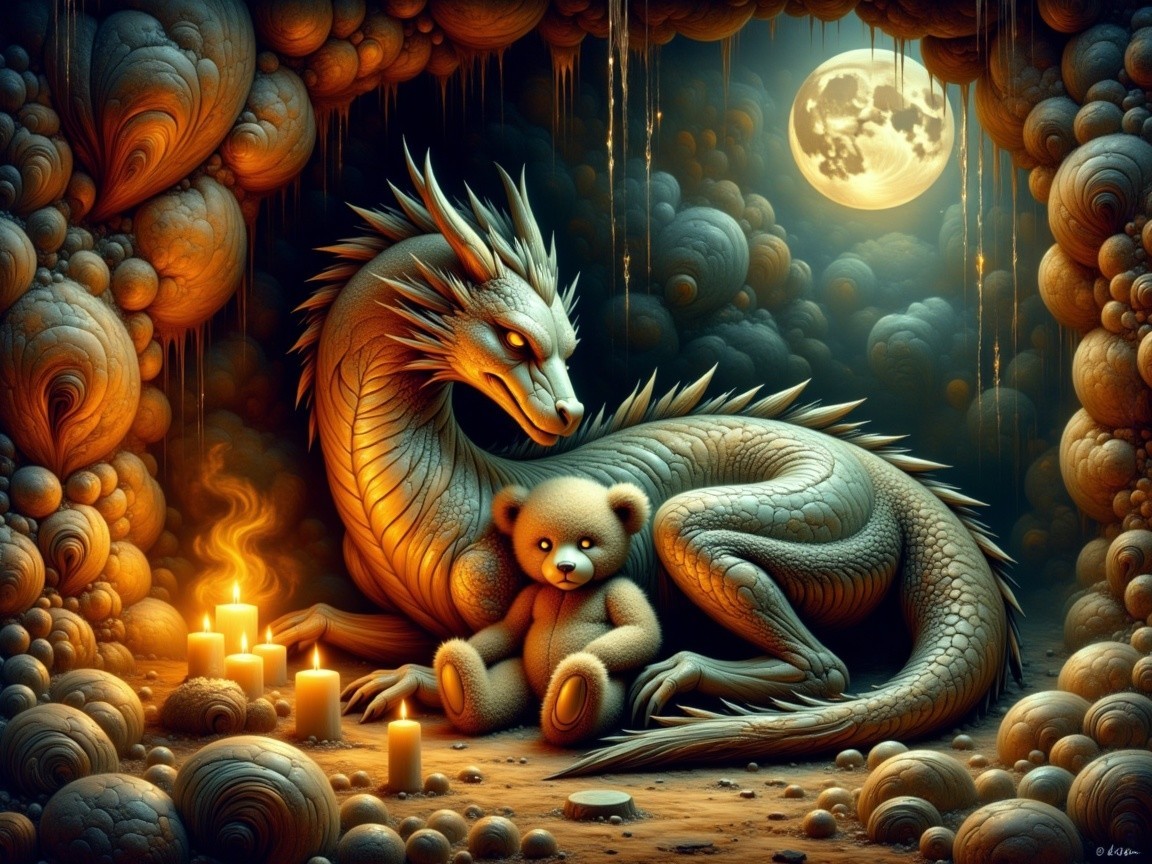 Dragon Protectively Curls Around Teddy Bear in Cave