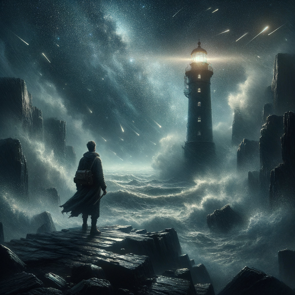 Adventurer Contemplating Lighthouse Under Starry Sky