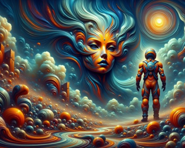 Surreal Cosmic Landscape with Astronaut and Ethereal Face