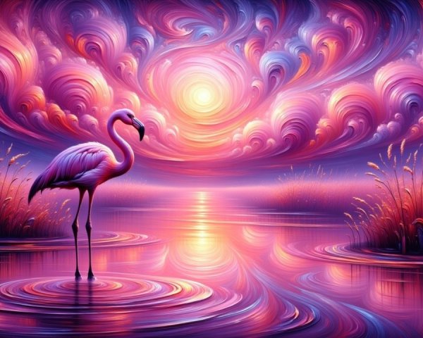 Serene Flamingo in Vibrant Sunset Landscape