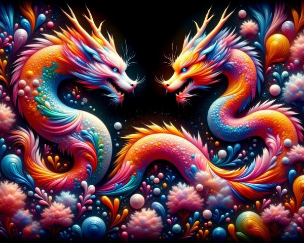 Vibrant Dragons in Cosmic Floral Fantasy Scene