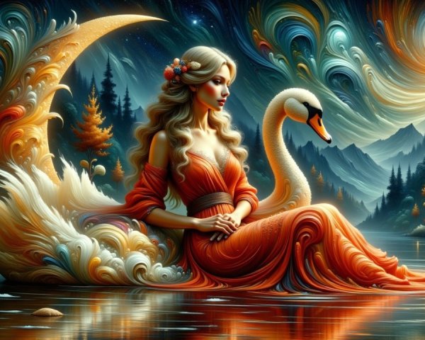 High-Fantasy Digital Painting of Woman and Swan