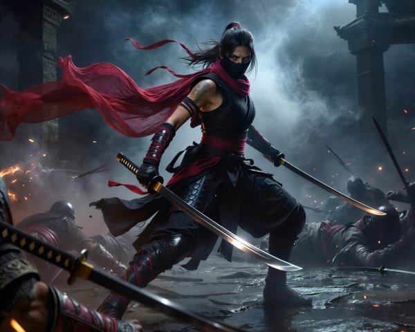 Digital Painting of a Female Ninja Warrior in Battle