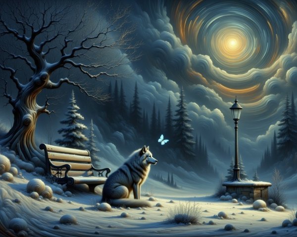 Mystical Winter Scene with Wolf and Butterfly