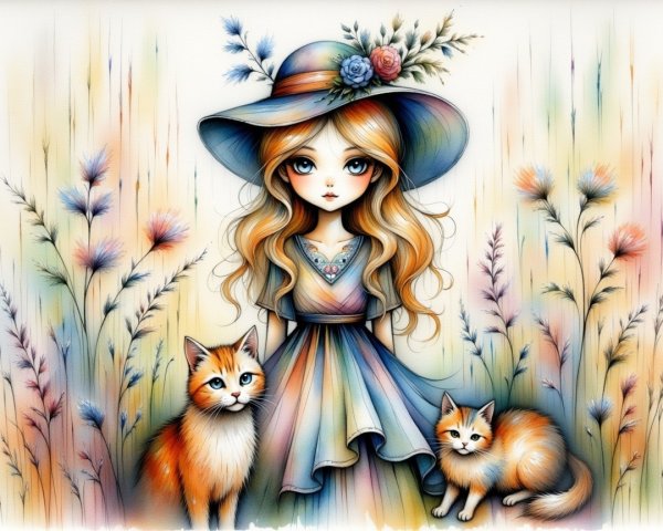 Whimsical Illustration of a Girl with Cats and Flowers