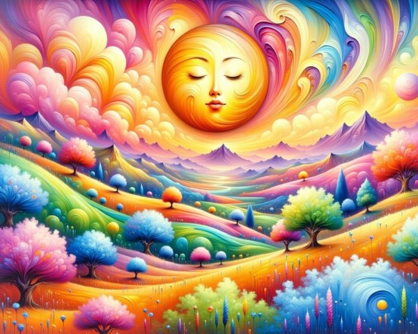 Vibrant Landscape with Whimsical Trees and Sunset Sky