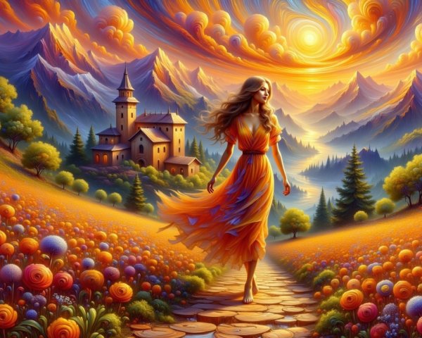 Serene Landscape with Woman in Orange Dress at Sunset