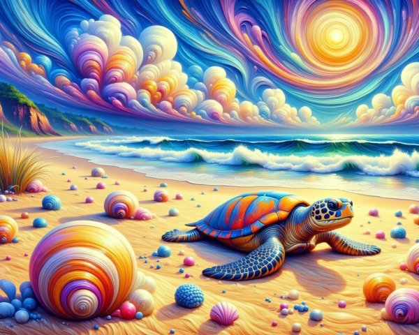 Vibrant Beach Scene with Turtle and Colorful Shells