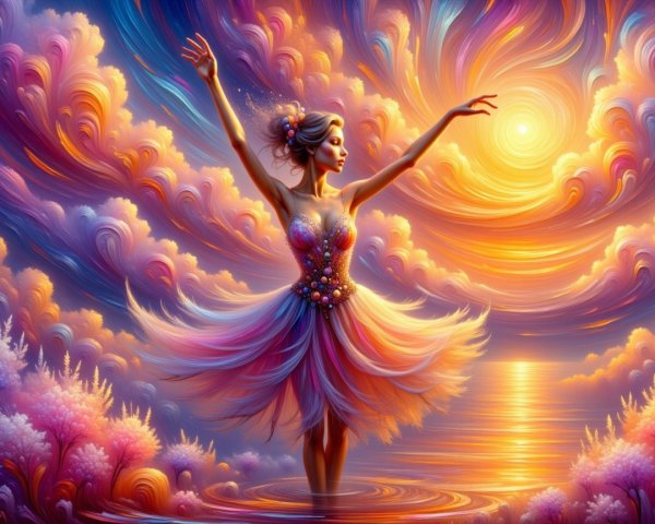 Surreal Digital Painting of a Ballerina in Colorful Clouds