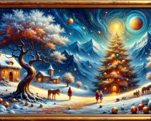 Serene Winter Village with Christmas Decorations and Snow