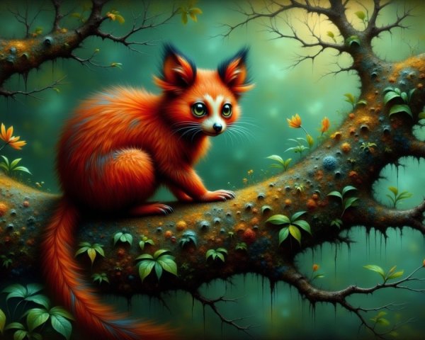 Fluffy Orange and Blue Creature in a Fantastical Forest