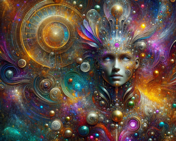 Cosmic Goddess Digital Illustration with Jewel Adornments