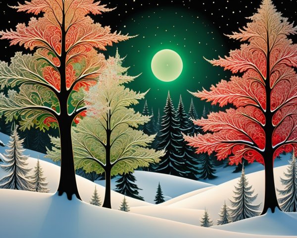 Surreal Winter Landscape with Neon Green Moon