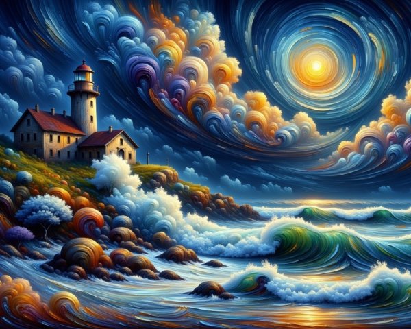 Vibrant Sunset Over Dramatic Coastline and Lighthouse