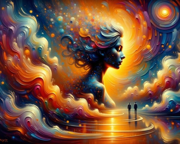 Vivid Profile of a Woman Amidst Colorful Clouds
