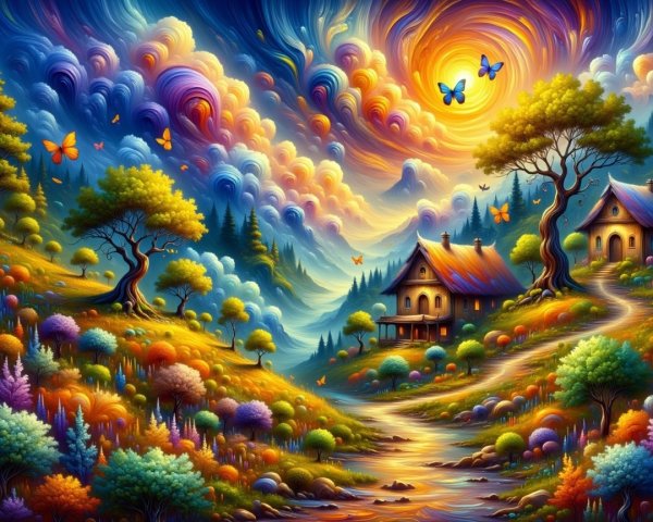 Vibrant Landscape with Whimsical Houses and Nature