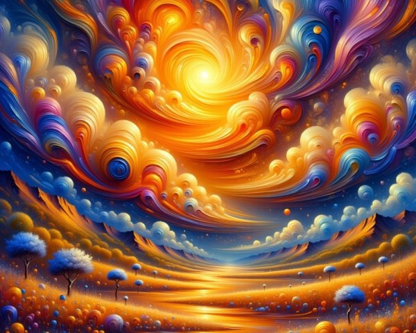 Psychedelic Landscape with Colorful Sun and River