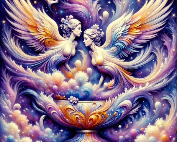 Ethereal Winged Figures in a Vibrant Cosmic Scene