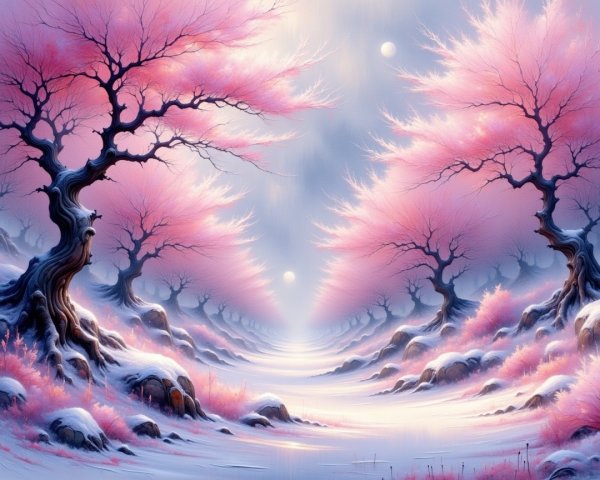 Snowy Landscape with Cherry Blossom Trees and Moons
