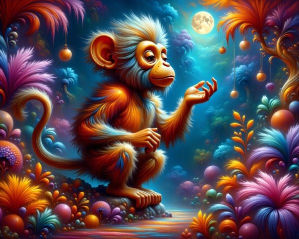 Colorful monkey in a vibrant, surreal forest scene