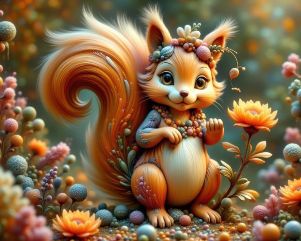 Cartoon Squirrel with Floral Crown in Colorful Garden