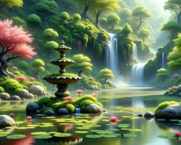 Tranquil Pond with Lotus Flowers and Waterfalls