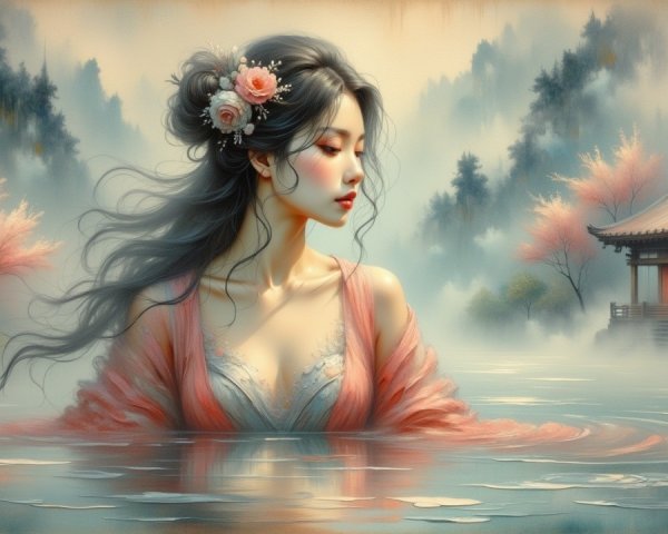 Young Woman in Tranquil Waters with Cherry Blossoms