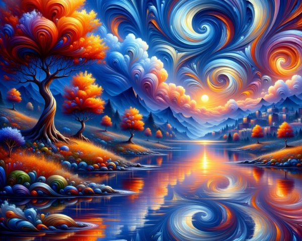 Vibrant Autumn Landscape with River and Mountains