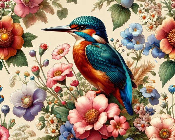 Kingfisher Among Colorful Blooming Flowers