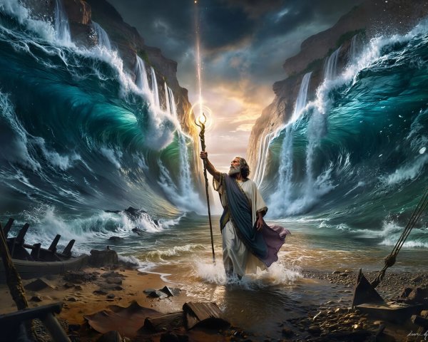 Moses Parting the Red Sea with Radiant Light