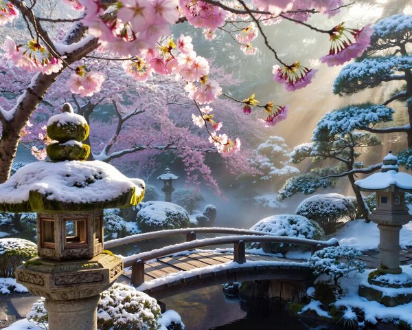 Intricate Winter Scene in a Japanese Garden
