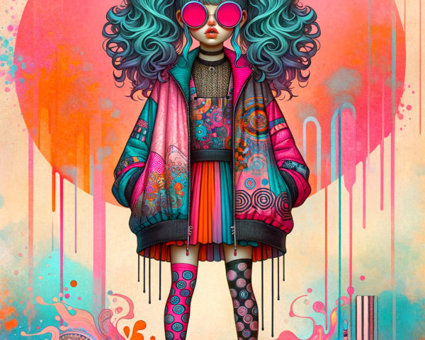 Young girl with blue hair in colorful fashion outfit