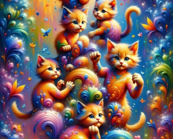 Vibrant Psychedelic Painting of Colorful Kittens and Flora