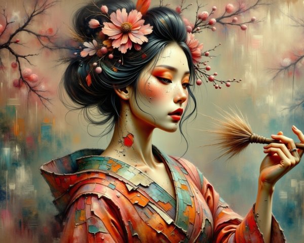 Woman in Colorful Kimono with Cherry Blossoms