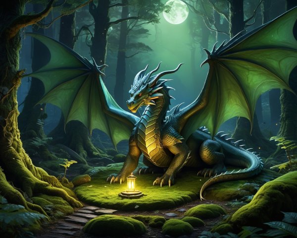 Majestic Dark Teal Dragon in Enchanted Forest Setting