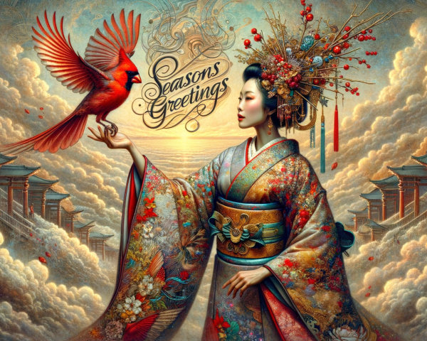 Japanese woman in traditional kimono under cloud-filled sky