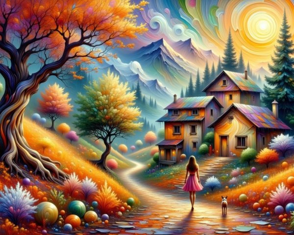 Surreal Landscape with Cottage and Colorful Sky