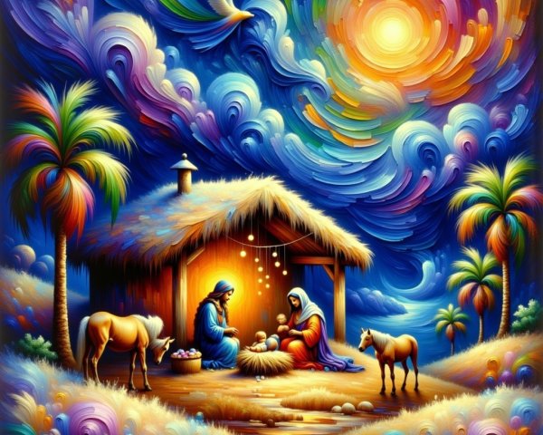 Nativity Scene with Night Sky and Rustic Stable