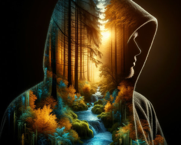 Double Exposure of Hooded Figure and Forest Landscape